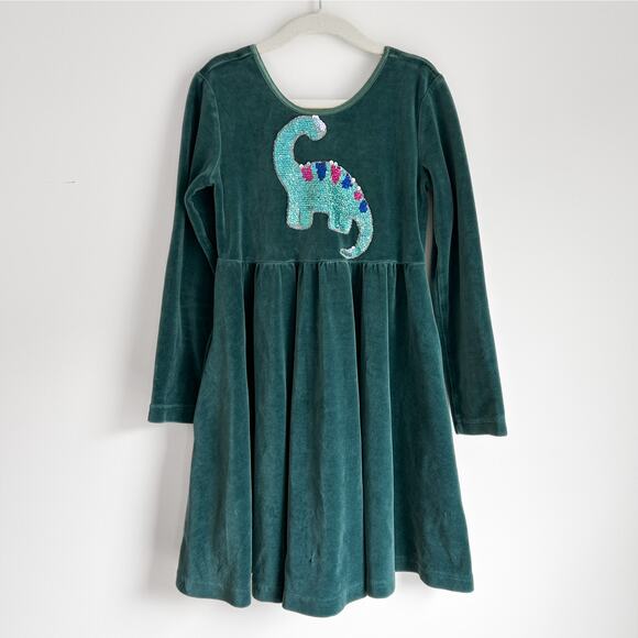 Hanna Andersson Velour Skater Dress Sequin Dinosaur Size 6-7 Juniper Green $54 - Picture 1 of 4
